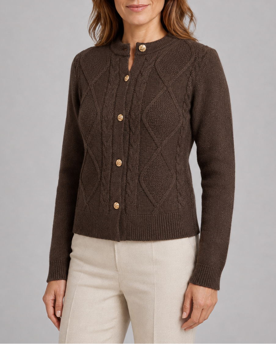 Women's Cable Knit Cardigan with Round Neck and Button Front
