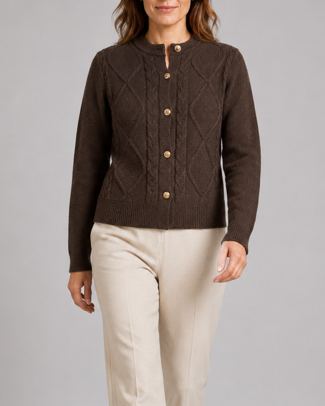 Women's Cable Knit Cardigan with Round Neck and Button Front