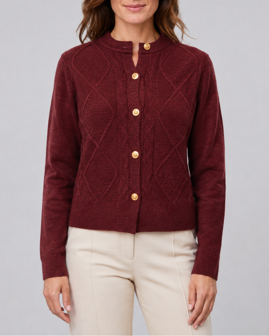 Women's Cable Knit Cardigan with Round Neck and Button Front