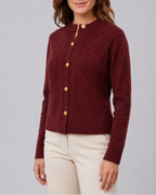 Women's Cable Knit Cardigan with Round Neck and Button Front