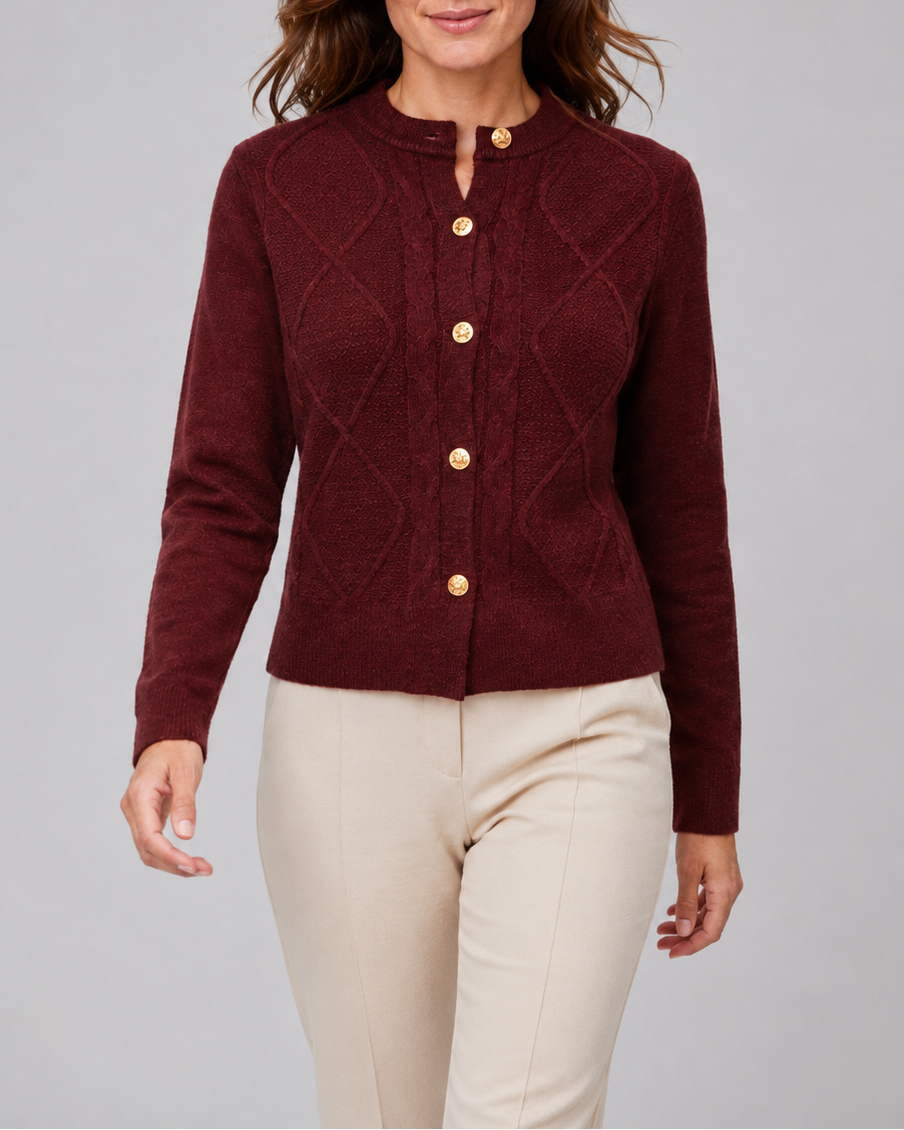 Women's Cable Knit Cardigan with Round Neck and Button Front