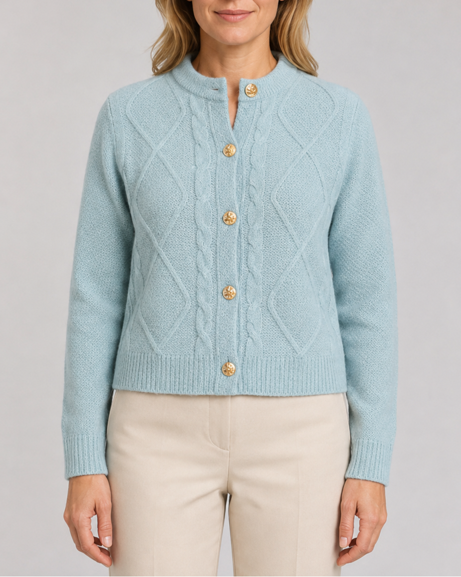 Women's Cable Knit Cardigan with Round Neck and Button Front