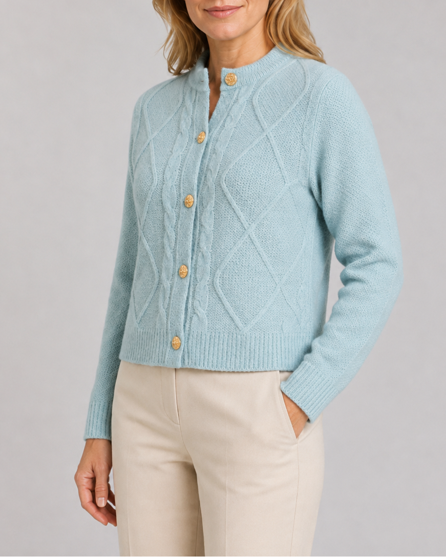 Women's Cable Knit Cardigan with Round Neck and Button Front