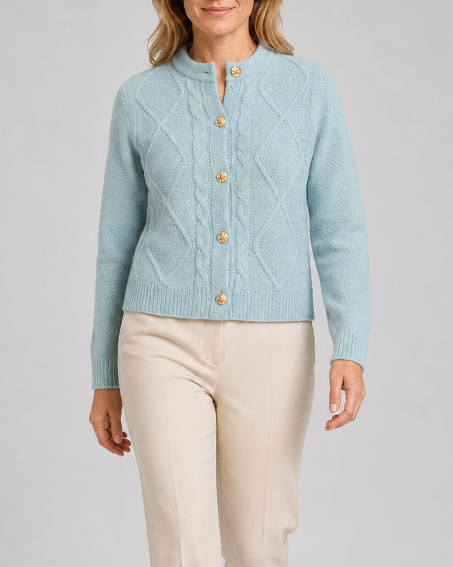 Women's Cable Knit Cardigan with Round Neck and Button Front