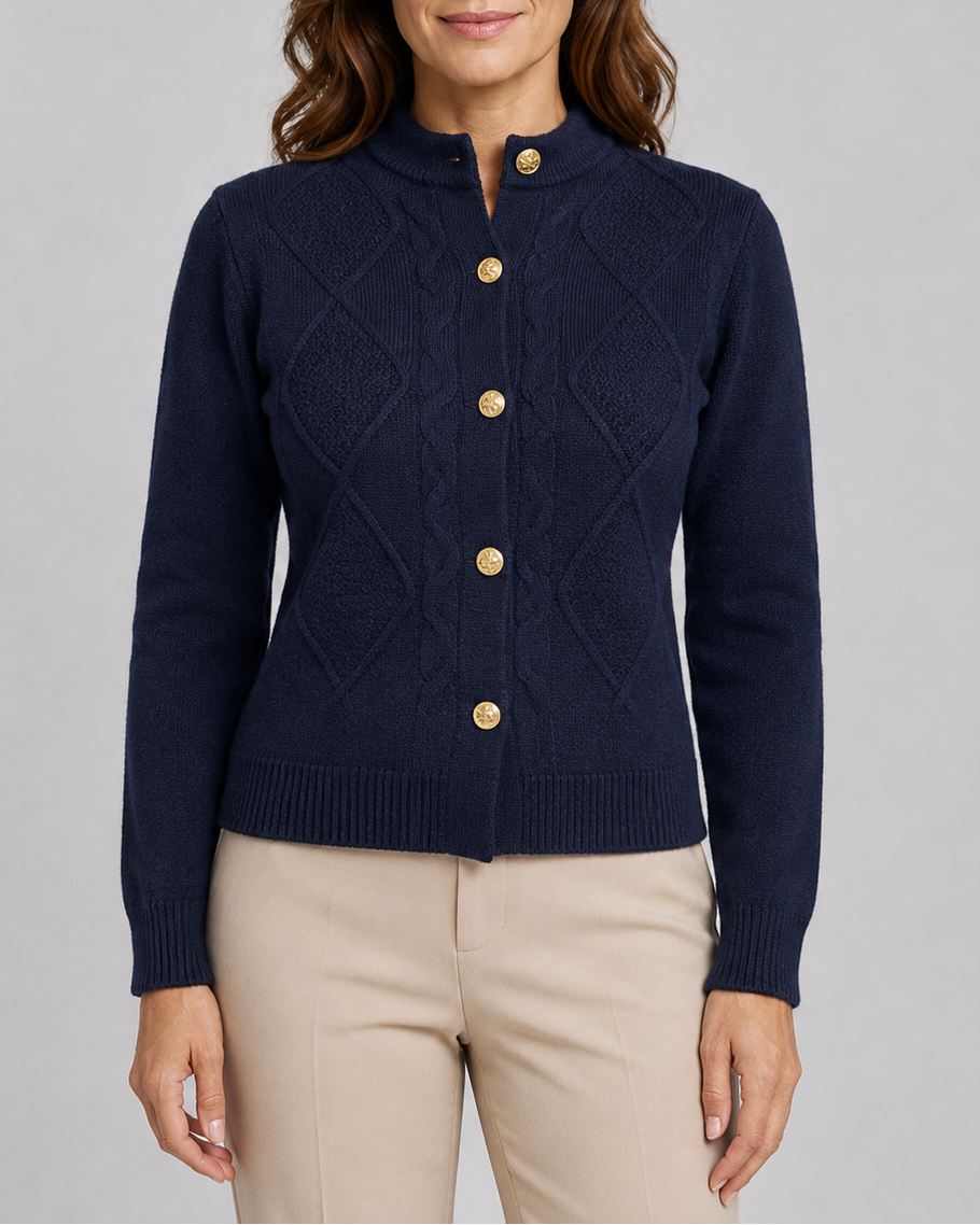 Women's Cable Knit Cardigan with Round Neck and Button Front