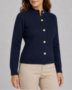 Women's Cable Knit Cardigan with Round Neck and Button Front