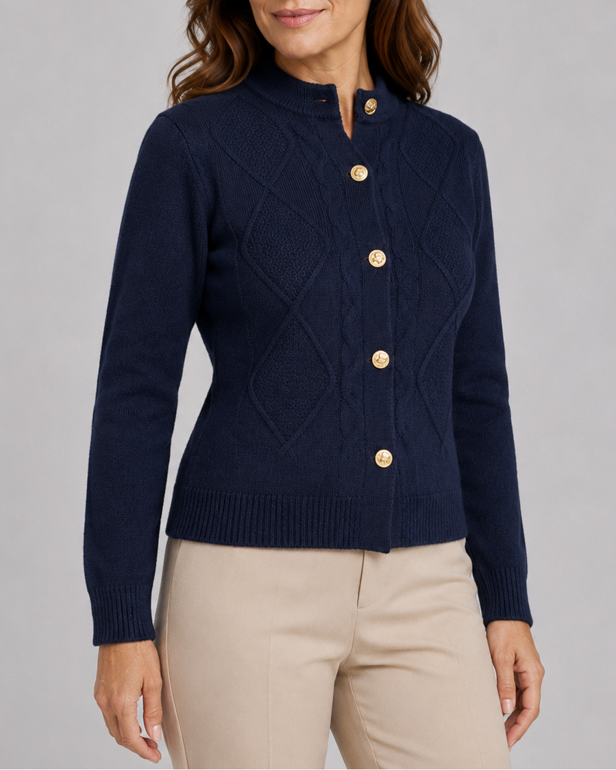 Women's Cable Knit Cardigan with Round Neck and Button Front