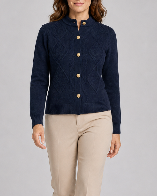 Women's Cable Knit Cardigan with Round Neck and Button Front