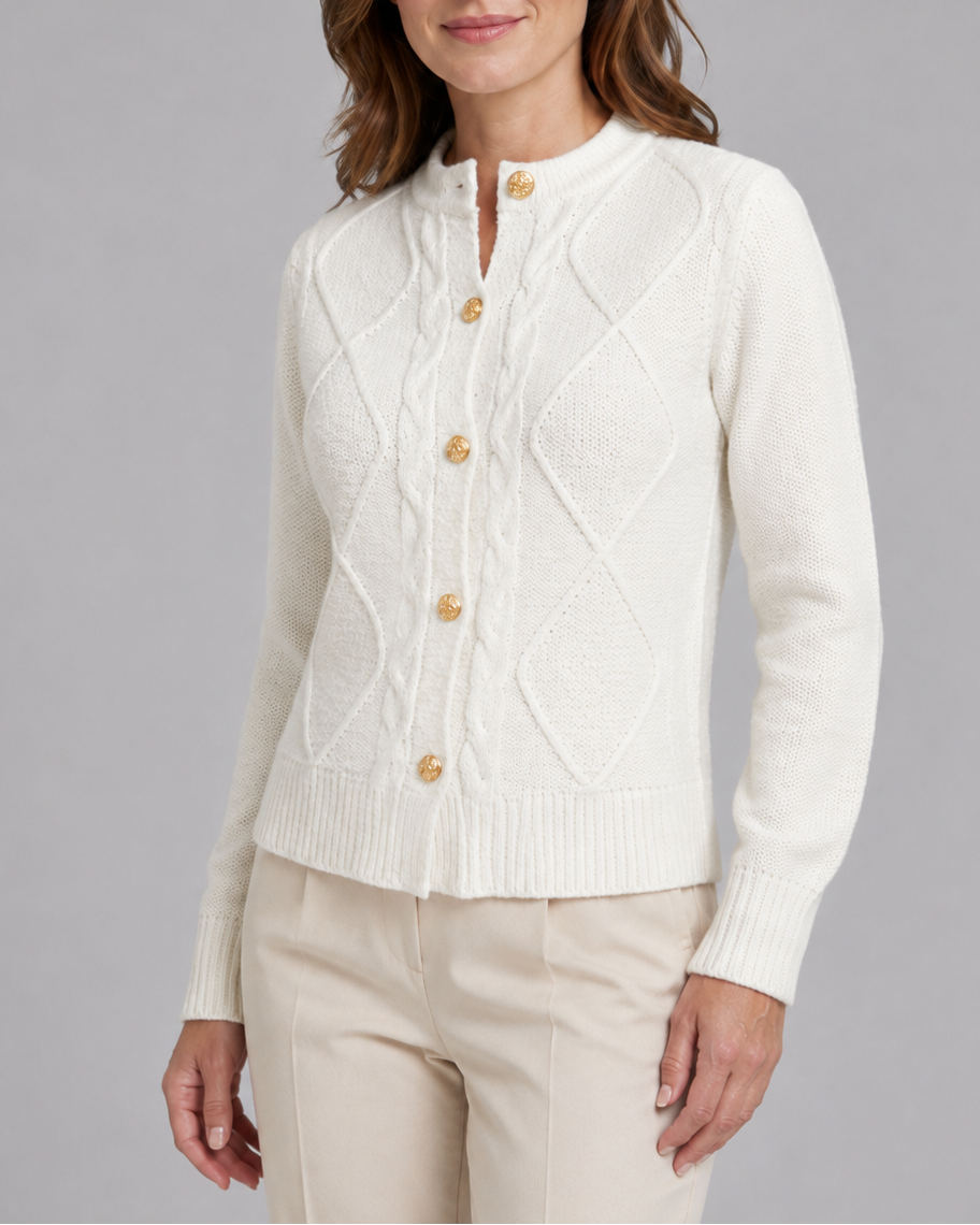 Women's Cable Knit Cardigan with Round Neck and Button Front