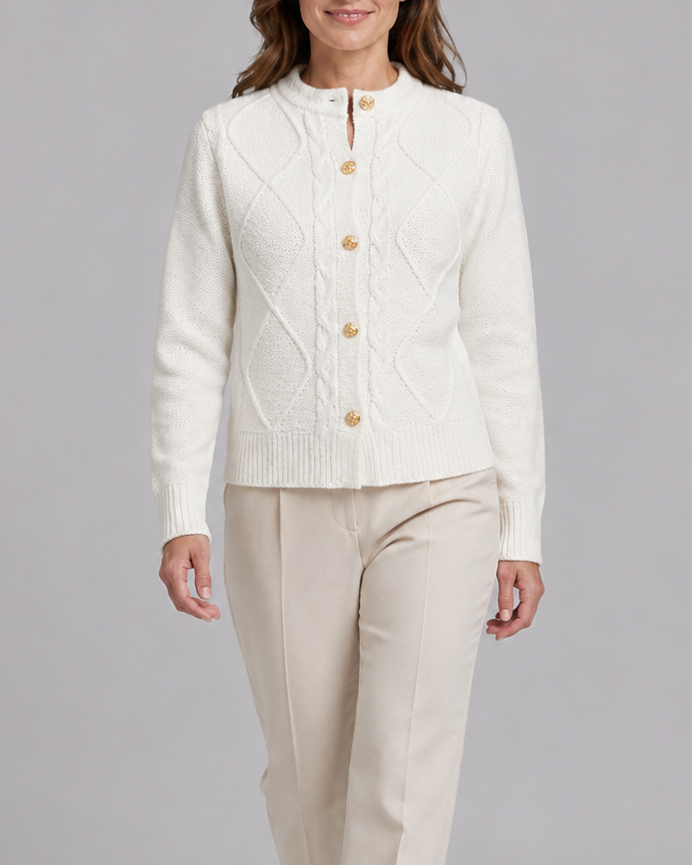 Women's Cable Knit Cardigan with Round Neck and Button Front