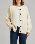Women's Cable Knit Button Up Cardigan with Round Neck