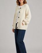 Women's Cable Knit Button Up Cardigan with Round Neck