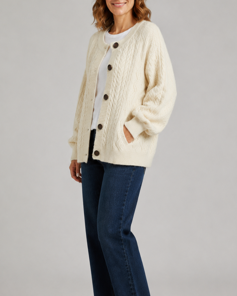 Women's Cable Knit Button Up Cardigan with Round Neck