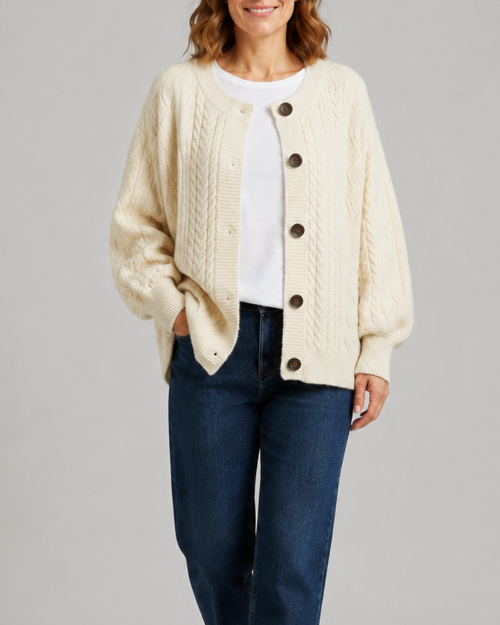 Women's Cable Knit Button Up Cardigan with Round Neck