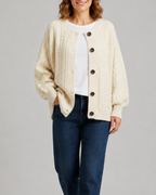 Women's Cable Knit Button Up Cardigan with Round Neck