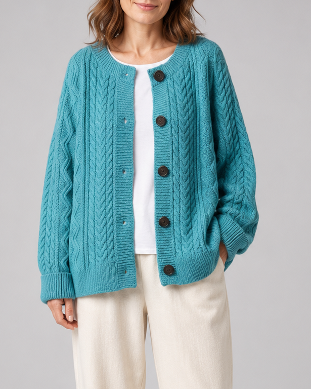 Women's Cable Knit Button Up Cardigan with Round Neck
