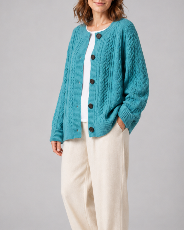Women's Cable Knit Button Up Cardigan with Round Neck