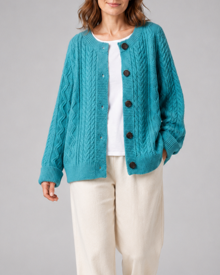 Women's Cable Knit Button Up Cardigan with Round Neck