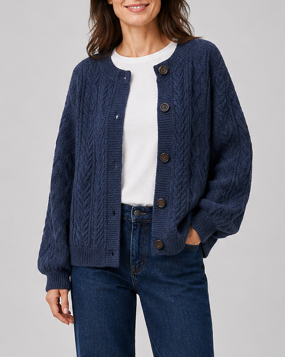 Women's Cable Knit Button Up Cardigan with Round Neck