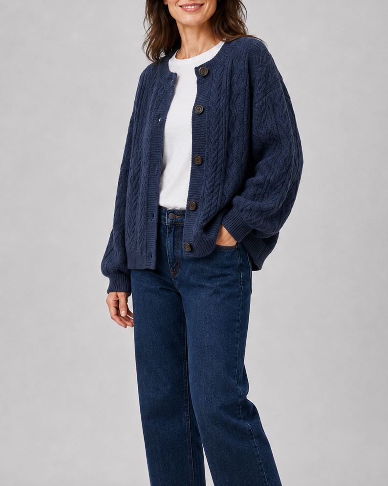 Women's Cable Knit Button Up Cardigan with Round Neck