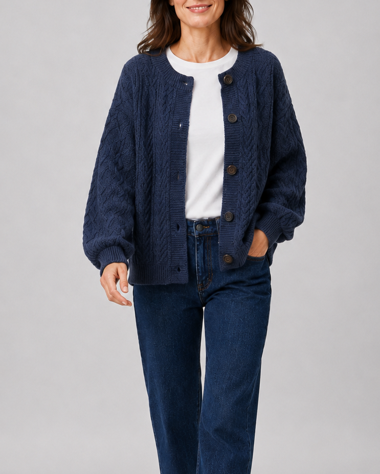 Women's Cable Knit Button Up Cardigan with Round Neck