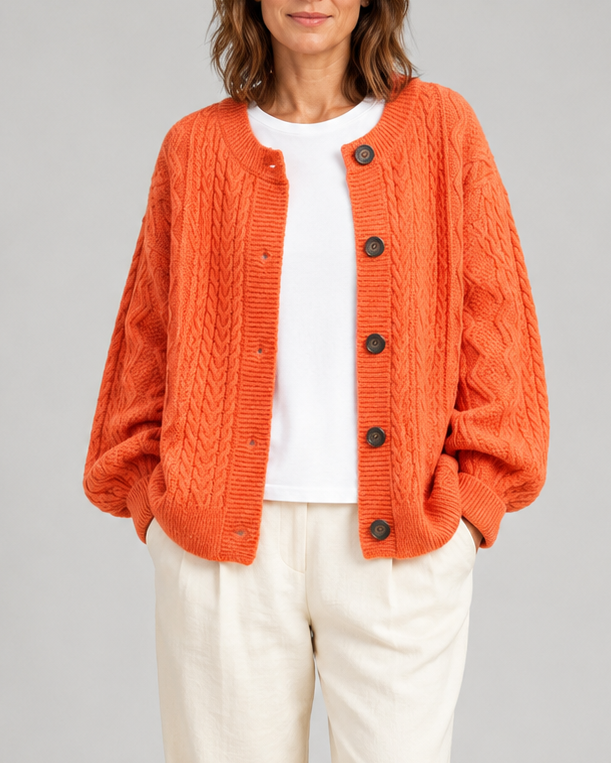 Women's Cable Knit Button Up Cardigan with Round Neck