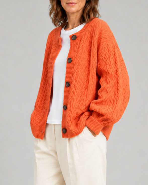 Women's Cable Knit Button Up Cardigan with Round Neck