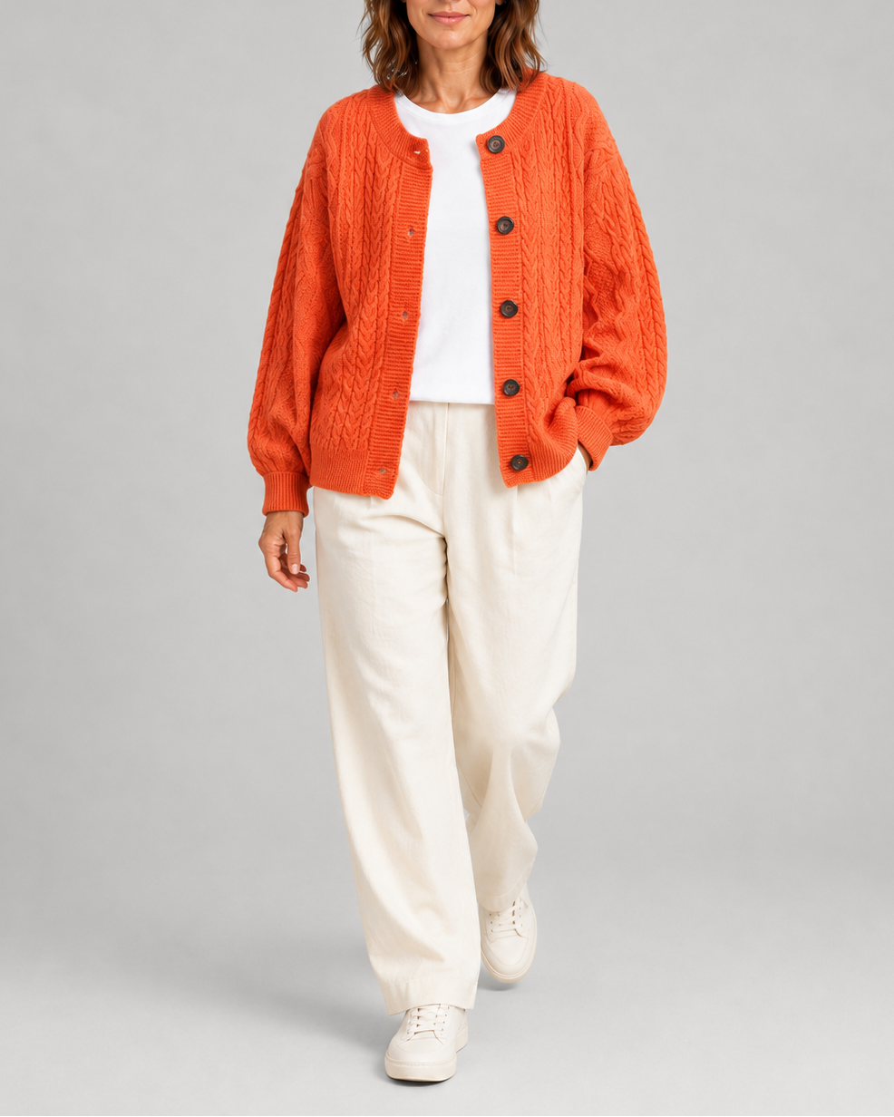 Women's Cable Knit Button Up Cardigan with Round Neck