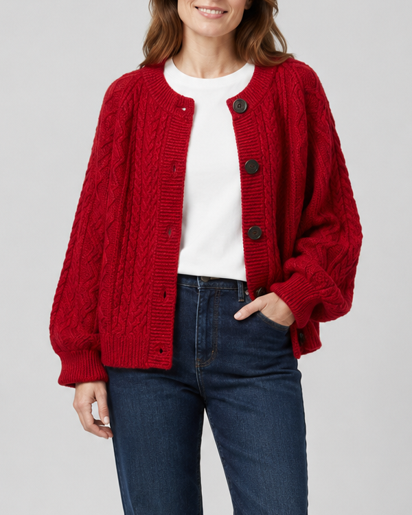 Women's Cable Knit Button Up Cardigan with Round Neck