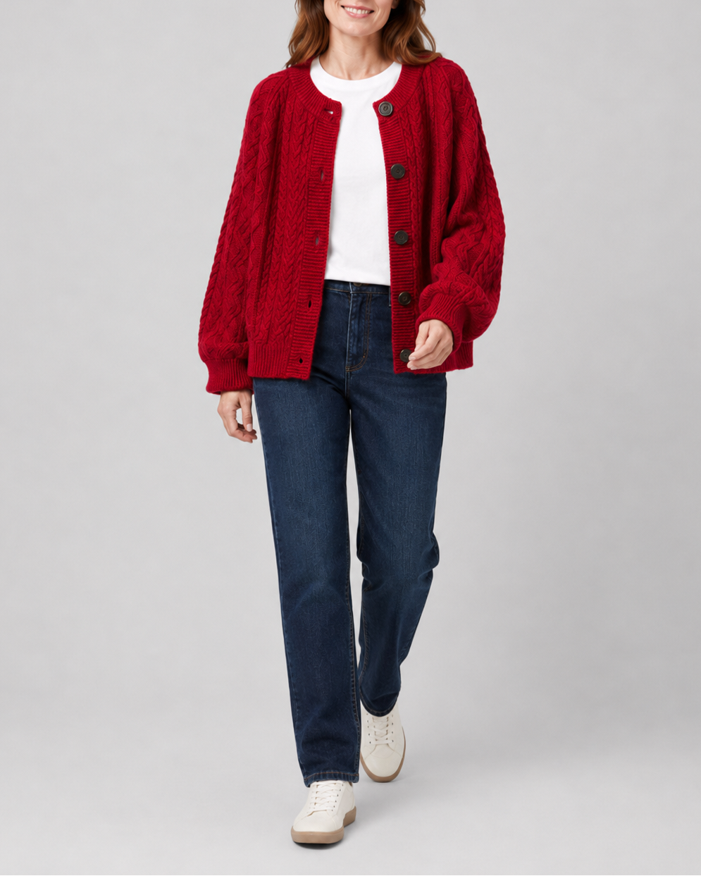 Women's Cable Knit Button Up Cardigan with Round Neck