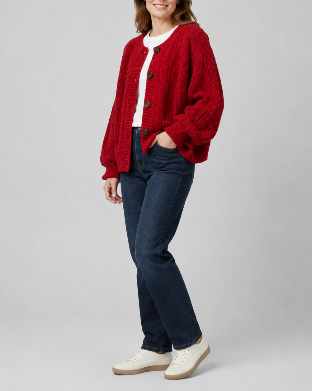 Women's Cable Knit Button Up Cardigan with Round Neck