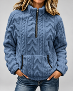 Women's Soft Cable Knit Fleece Half Zip Jumper with Kangaroo Pocket