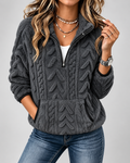 Women's Soft Cable Knit Fleece Half Zip Jumper with Kangaroo Pocket
