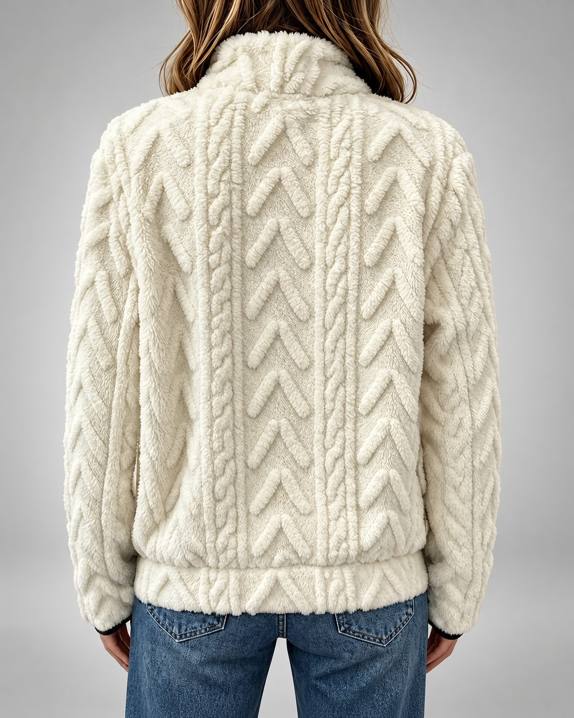 Women's Soft Cable Knit Fleece Half Zip Jumper with Kangaroo Pocket