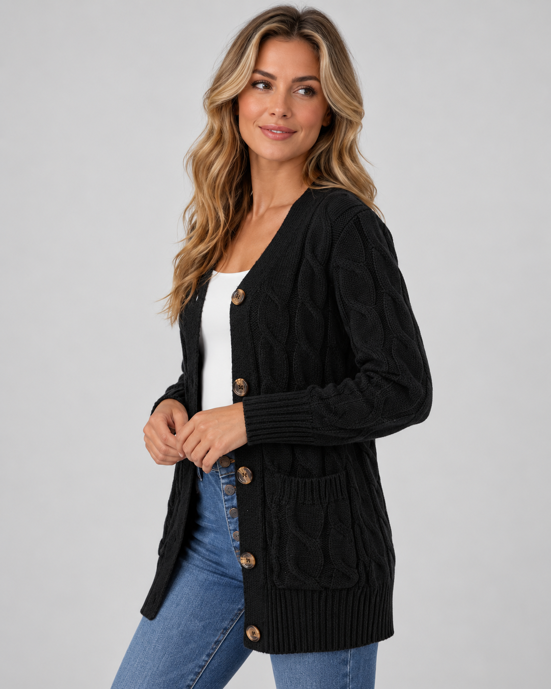 Women's Cable Textured Longline Cardigan with Button Front and Pockets