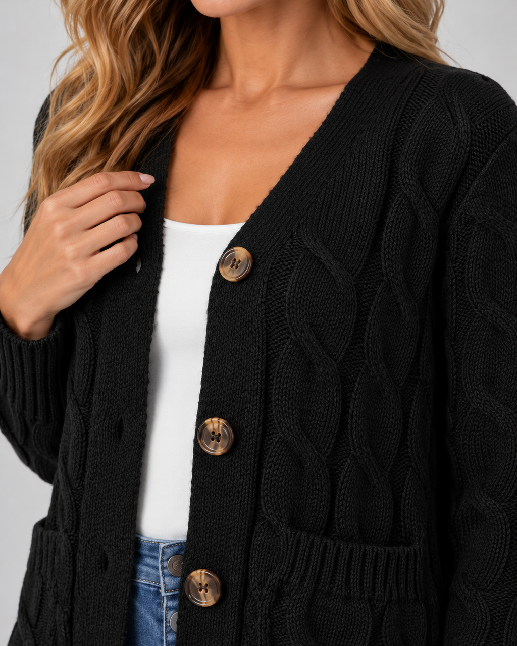 Women's Cable Textured Longline Cardigan with Button Front and Pockets