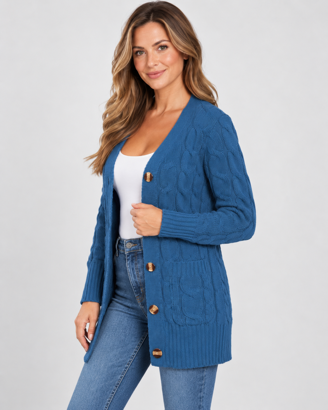 Women's Cable Textured Longline Cardigan with Button Front and Pockets
