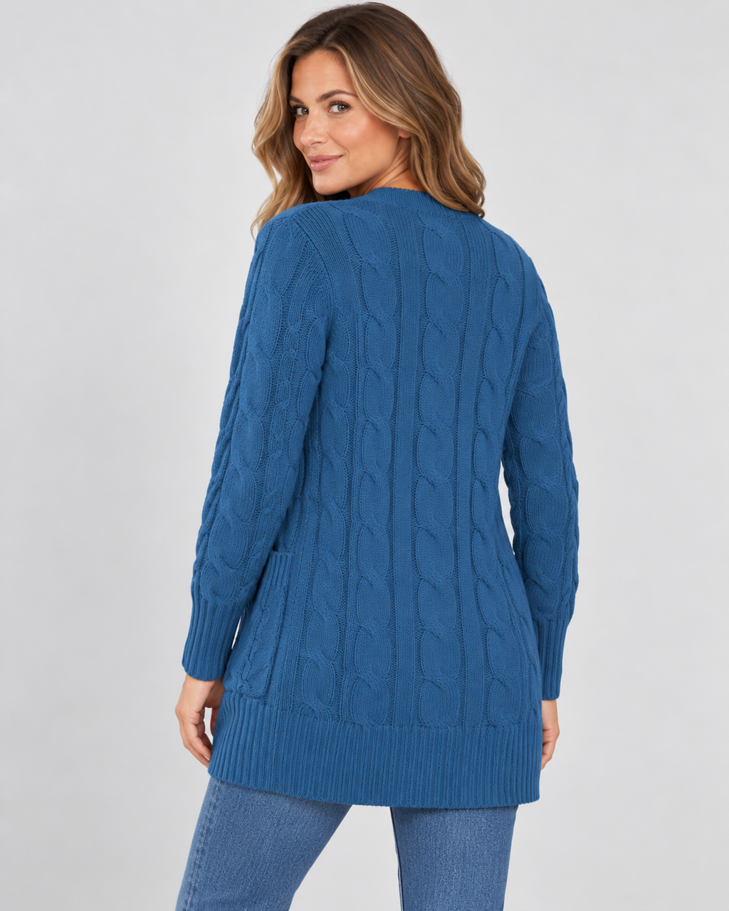 Women's Cable Textured Longline Cardigan with Button Front and Pockets