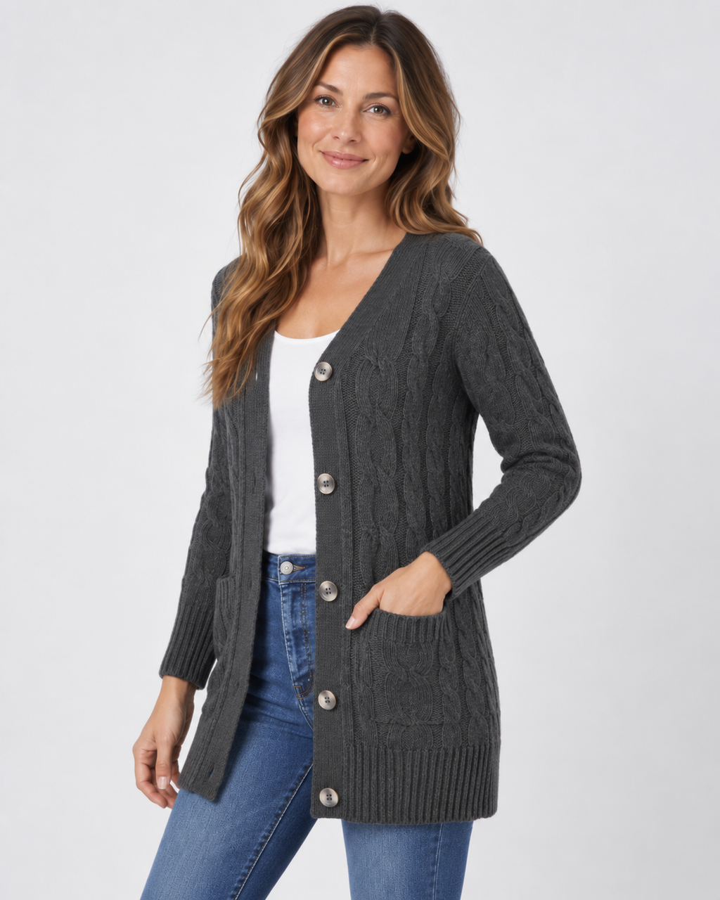 Women's Cable Textured Longline Cardigan with Button Front and Pockets