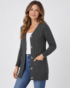 Women's Cable Textured Longline Cardigan with Button Front and Pockets