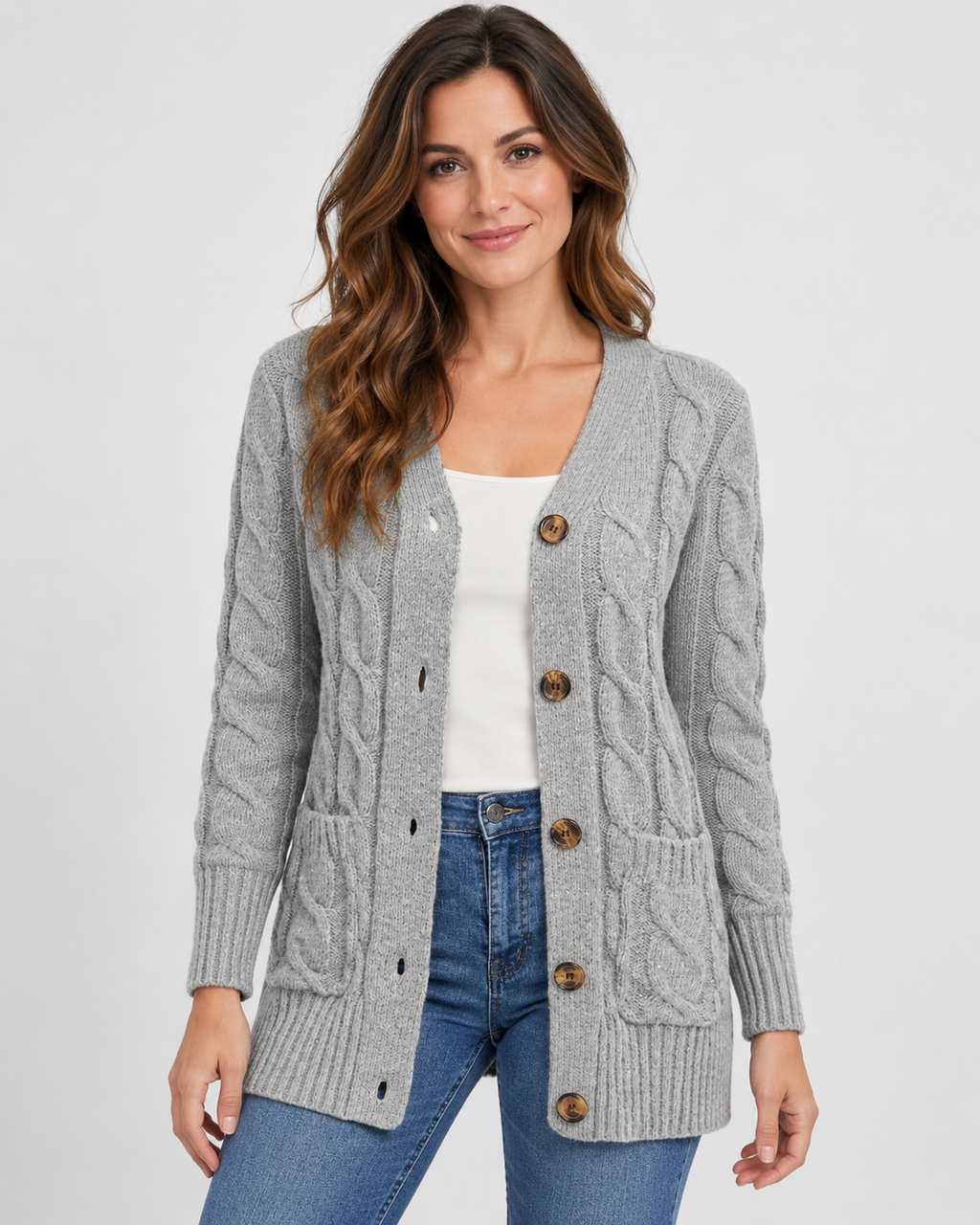 Women's Cable Textured Longline Cardigan with Button Front and Pockets