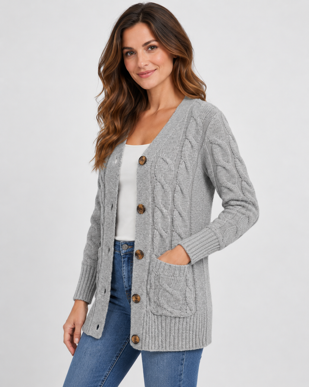 Women's Cable Textured Longline Cardigan with Button Front and Pockets