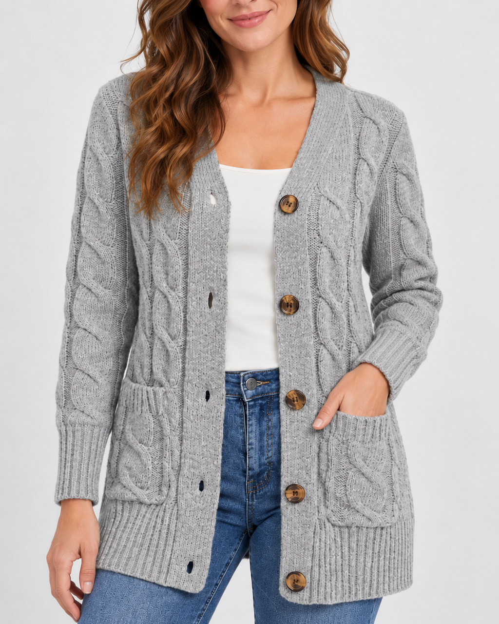 Women's Cable Textured Longline Cardigan with Button Front and Pockets