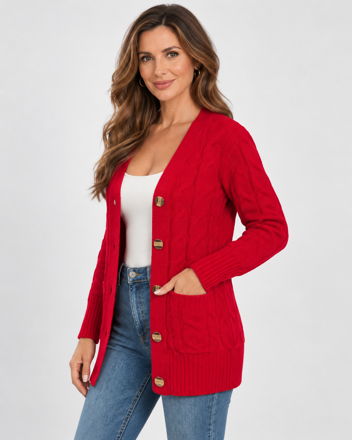 Women's Cable Textured Longline Cardigan with Button Front and Pockets