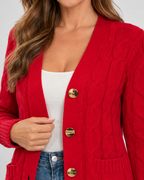 Women's Cable Textured Longline Cardigan with Button Front and Pockets