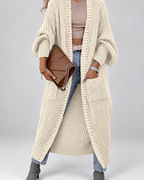 Women's Chunky Knit Maxi Cardigan with Open Front and Patch Pockets