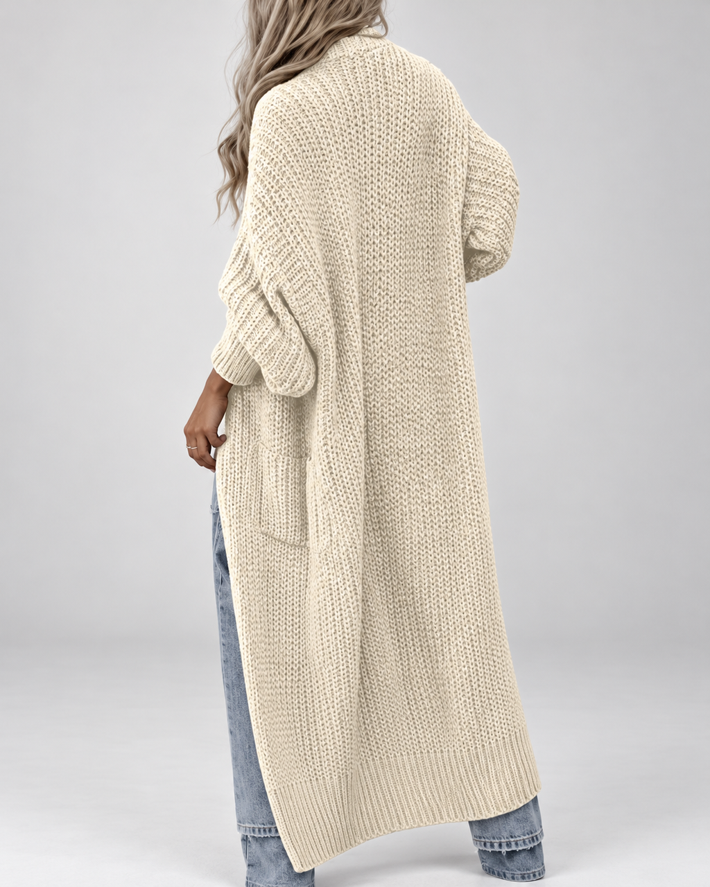 Women's Chunky Knit Maxi Cardigan with Open Front and Patch Pockets