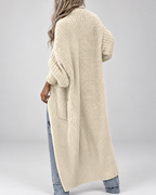 Women's Chunky Knit Maxi Cardigan with Open Front and Patch Pockets
