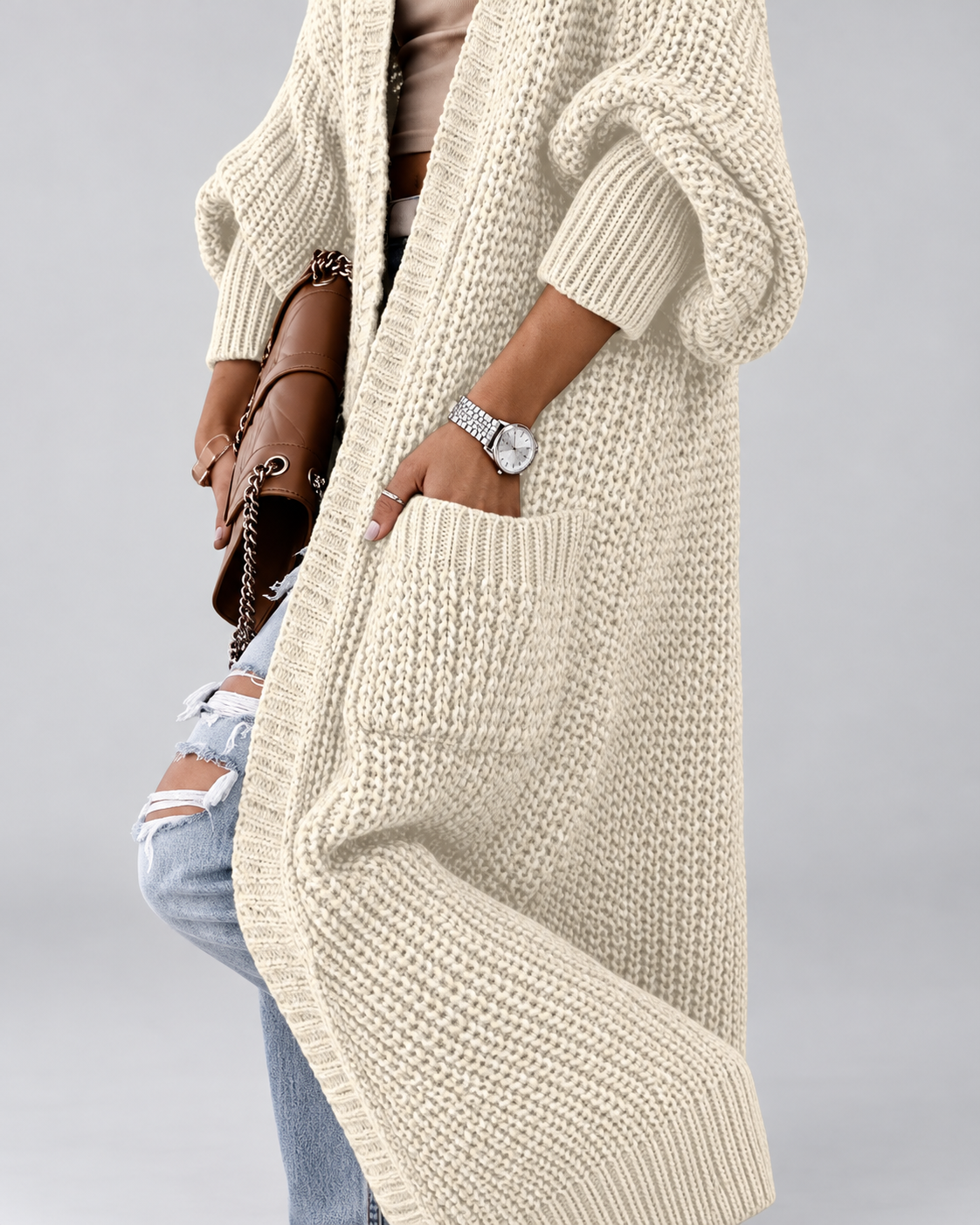 Women's Chunky Knit Maxi Cardigan with Open Front and Patch Pockets