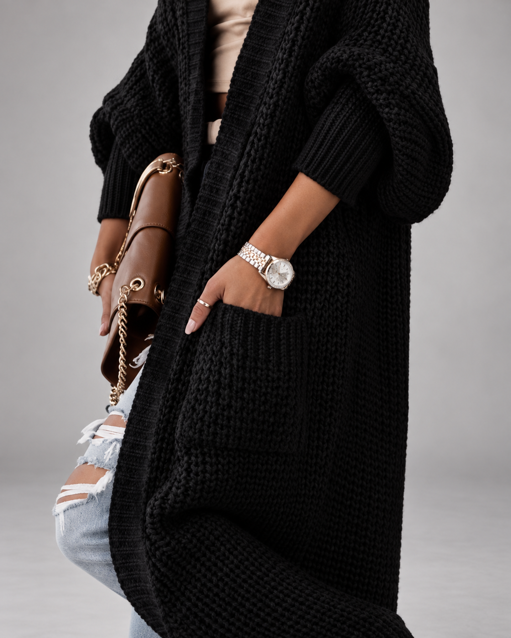 Women's Chunky Knit Maxi Cardigan with Open Front and Patch Pockets